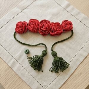 Handcrafted Red Floral Hair Bun Wrap with Green Tassels